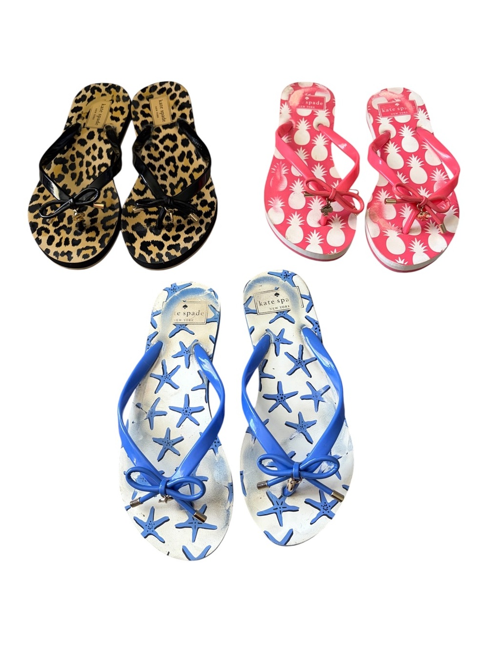 TRIO! 3 Pairs Kate Spade Jelly Flip Flops( Blue, Pink, Leopard)